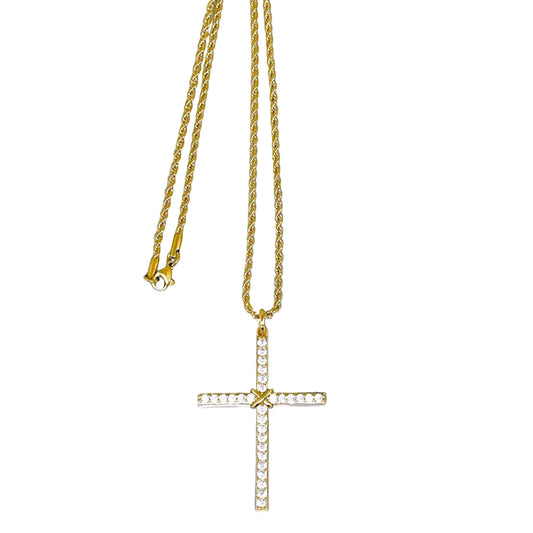 Thin Pave Crystal Cross Necklace with Gold Stainless Steel Rope Chain