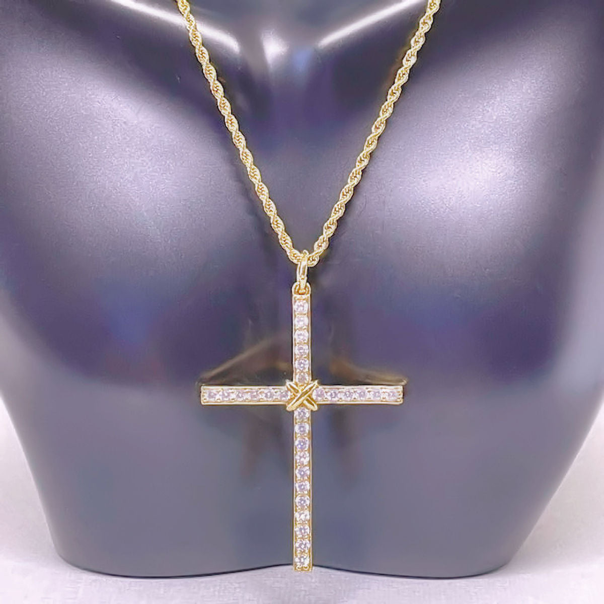 Thin Pave Crystal Cross Necklace with Gold Stainless Steel Rope Chain