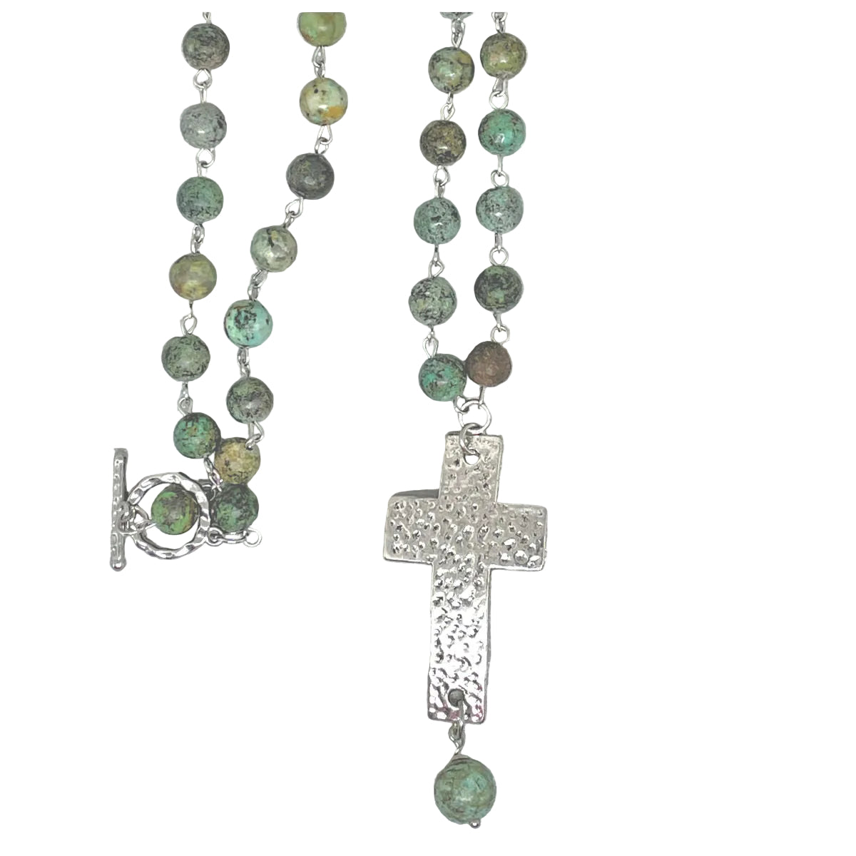 Turquoise Beaded Necklace accented with a Silver Hammered Cross