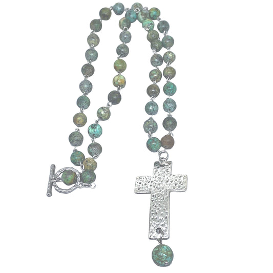 Turquoise Beaded Necklace accented with a Silver Hammered Cross