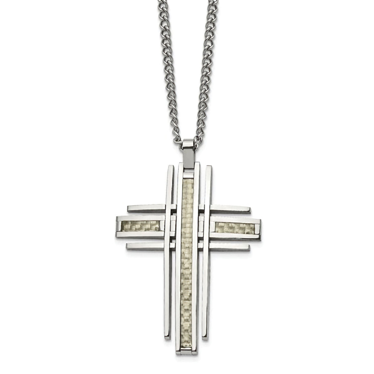 Unisex Champagne Carbon Fiber Stainless Steel Cross Necklace, 24"