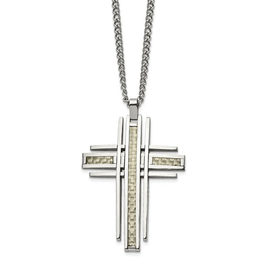 Unisex Champagne Carbon Fiber Stainless Steel Cross Necklace, 24"