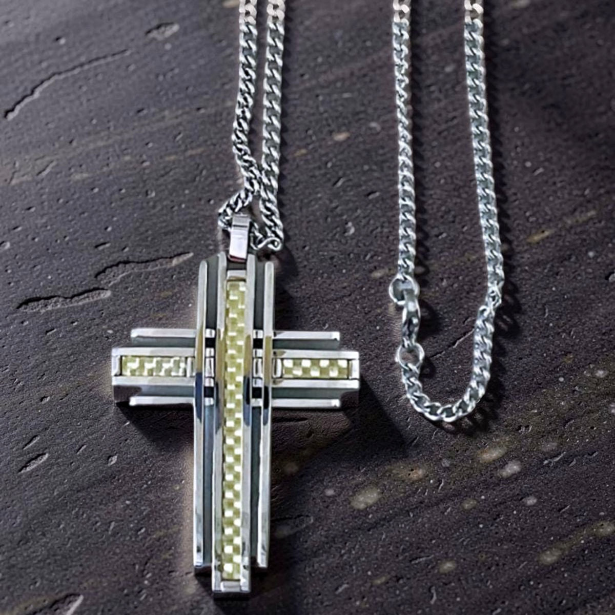 Unisex Champagne Carbon Fiber Stainless Steel Cross Necklace, 24"