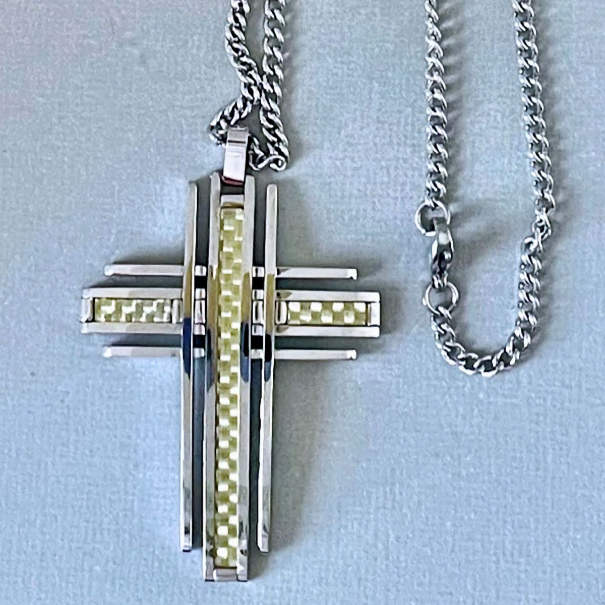 Unisex Champagne Carbon Fiber Stainless Steel Cross Necklace, 24"