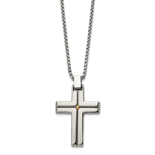 Stainless Steel Polished Yellow IP-Plated Cross Pendant with 19.5" Box Chain
