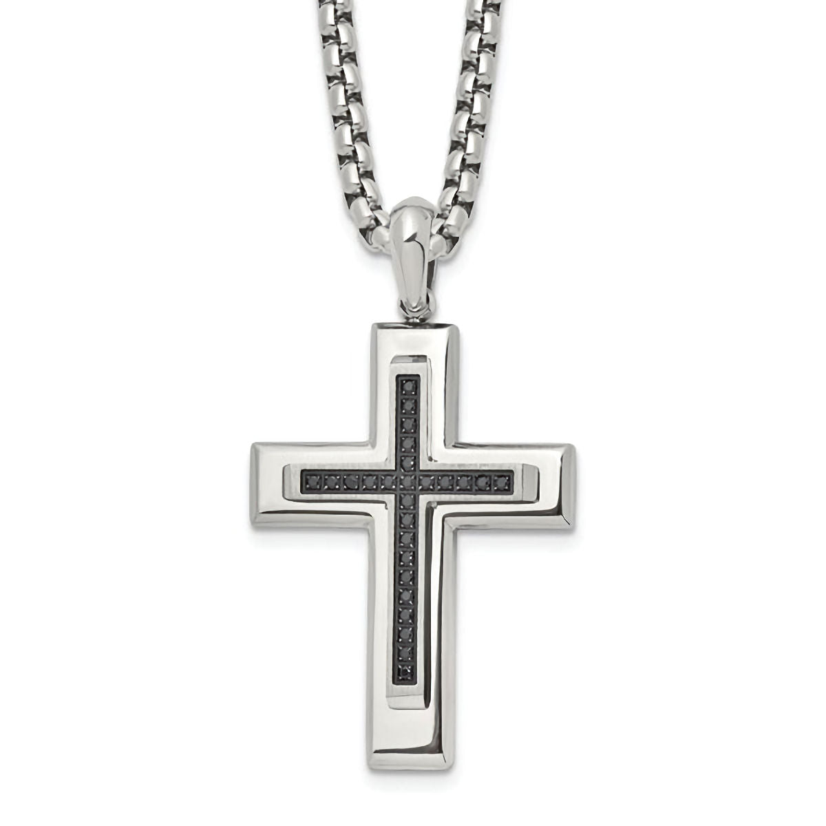 Stainless Steel Black CZ Cross Pendant with 22" Box Chain