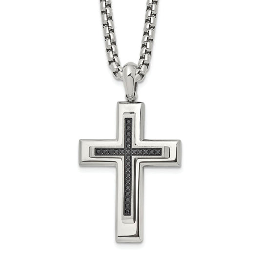 Stainless Steel Black CZ Cross Pendant with 22" Box Chain
