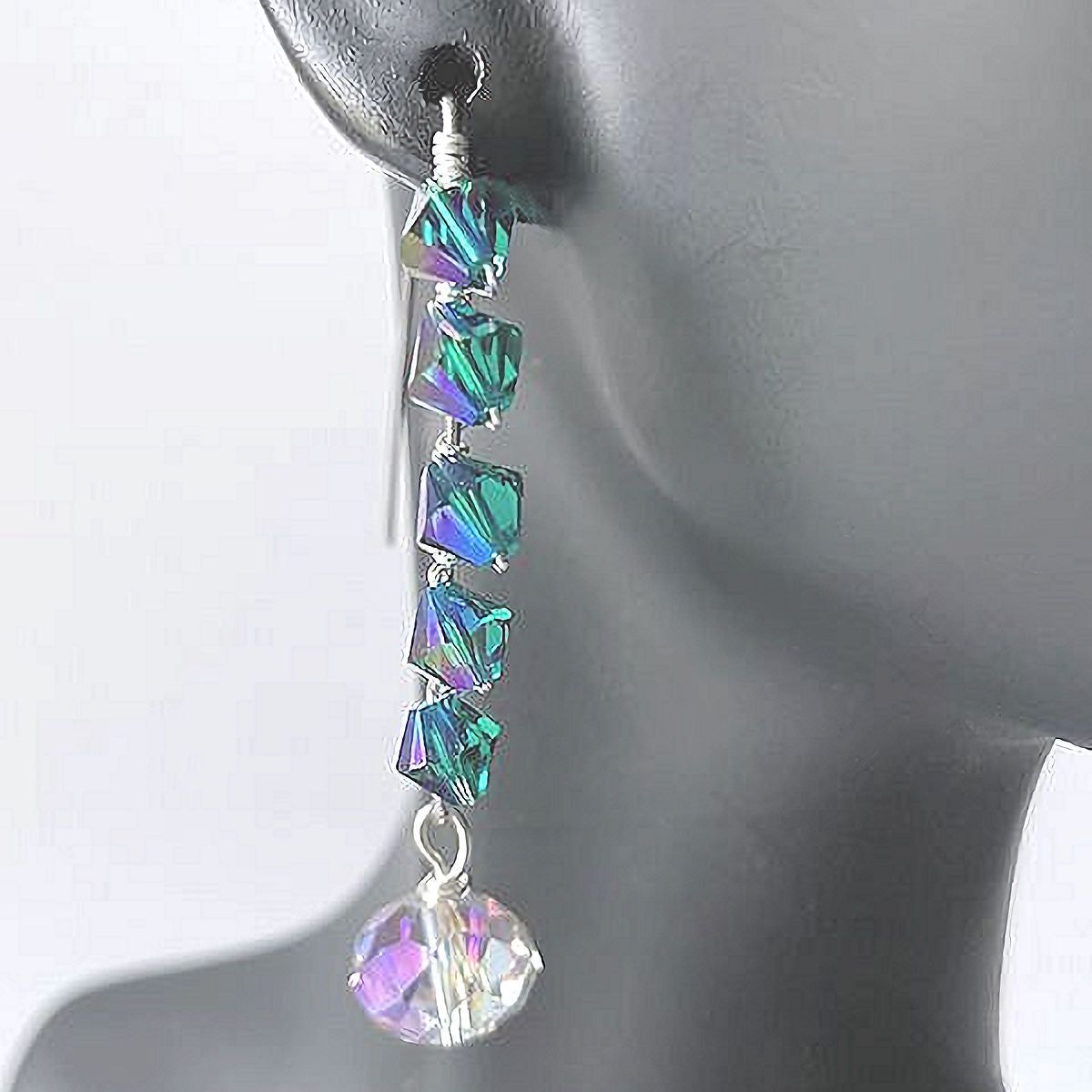 Blue/Purple/Green Bicone Crystal Earrings Accented with Faceted AB Crystal Stones
