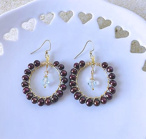 Chocolate Fresh Water Pearl Hoop Earrings with Dangle Bicone Crystals