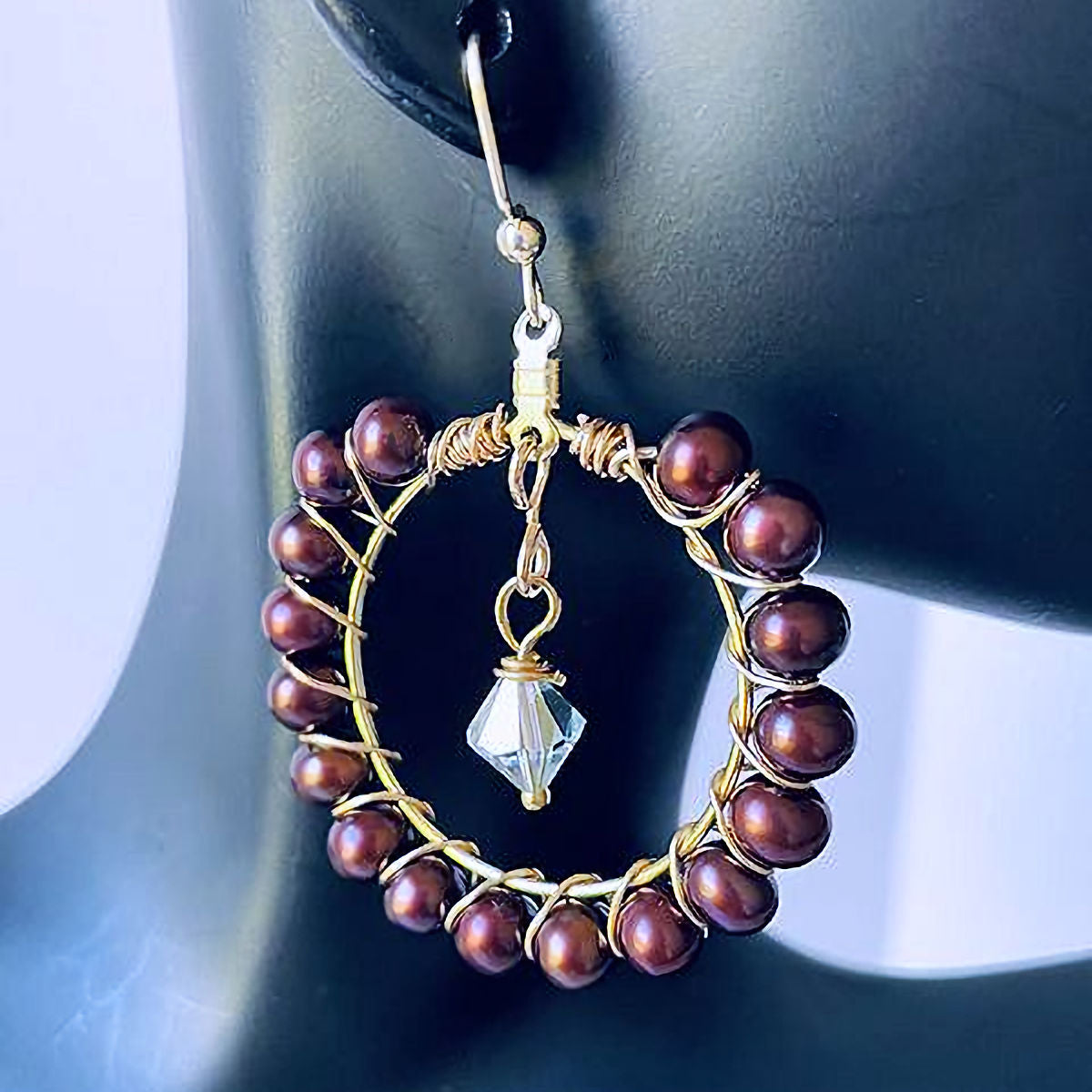 Chocolate Fresh Water Pearl Hoop Earrings with Dangle Bicone Crystals