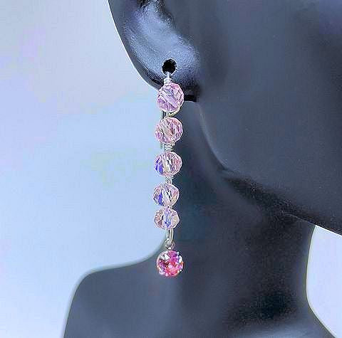 Earrings with Faceted Pink Crystals and Dangling Rose Crystal Drop