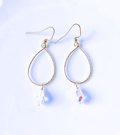 Teardrop Gold Twisted Drop Earrings with Faceted Crystal Bead