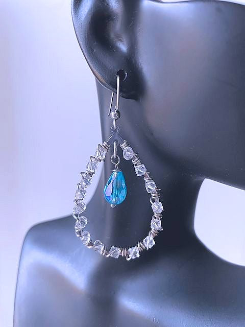 Tear Drop Earrings with Clear Crystal Beads and Blue Crystal Bead