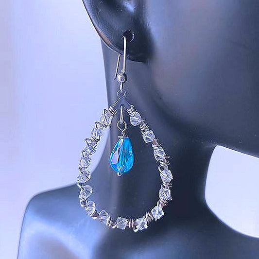 Tear Drop Earrings with Clear Crystal Beads and Blue Crystal Bead