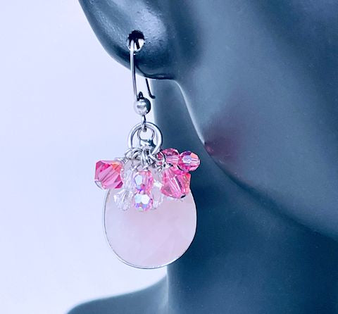 Genuine Rose Quartz Earrings with Dangling Pink and Clear Bicone Crystals