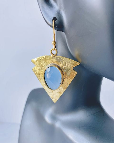 Brass Geometric Shape Earrings with Faceted Chalcedony Stone
