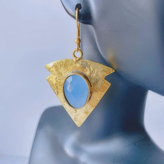 Brass Geometric Shape Earrings with Faceted Chalcedony Stone