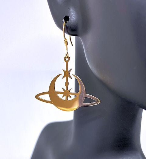 Gold Stainless Steel Star and Moon Earrings