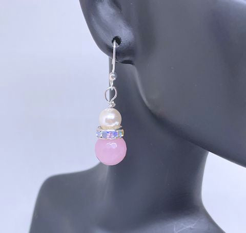 Faceted Light Pink Agate and Pearl Drop Earrings