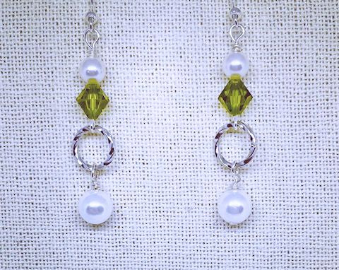 Dangling Pearl Earrings Accented with Green Bicone Crystal