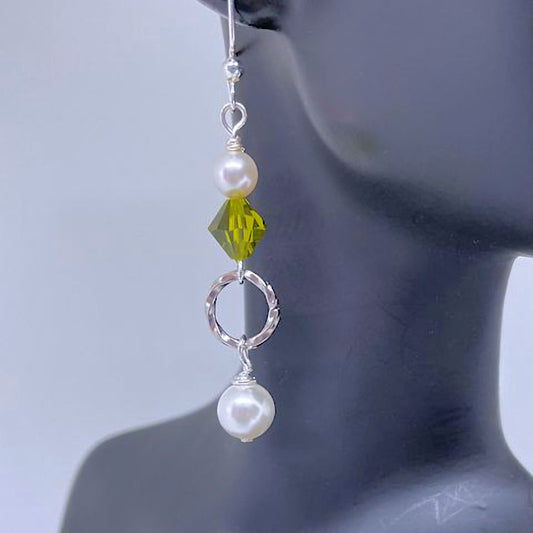 Dangling Pearl Earrings Accented with Green Bicone Crystal