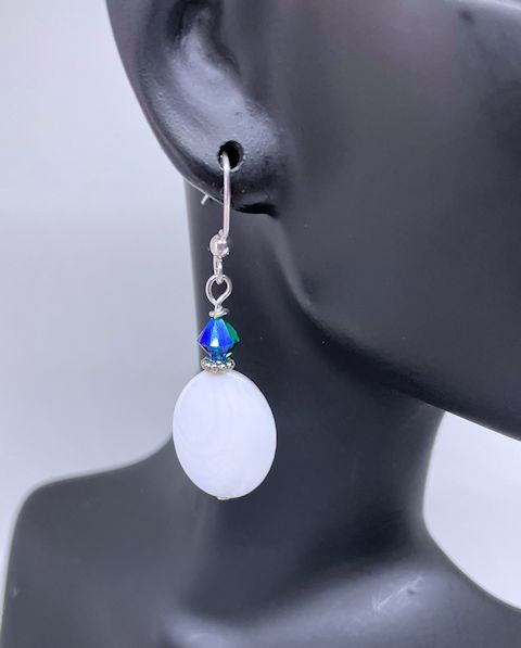 Mother of Pearl Shell Drop Earrings with Iridescent Blue Crystal Bead