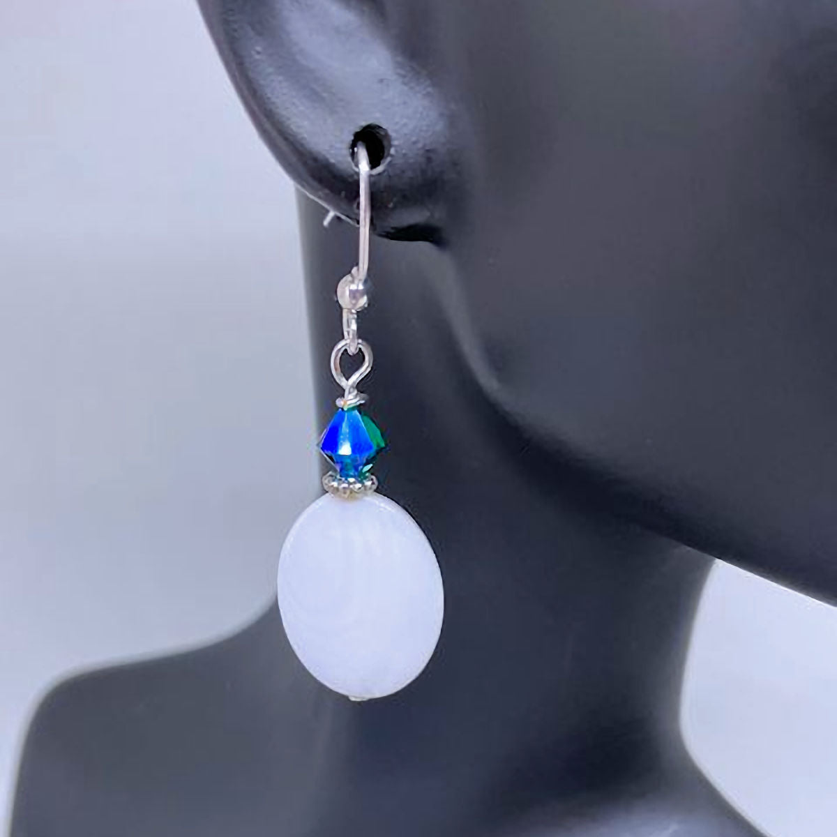 Mother of Pearl Shell Drop Earrings with Iridescent Blue Crystal Bead