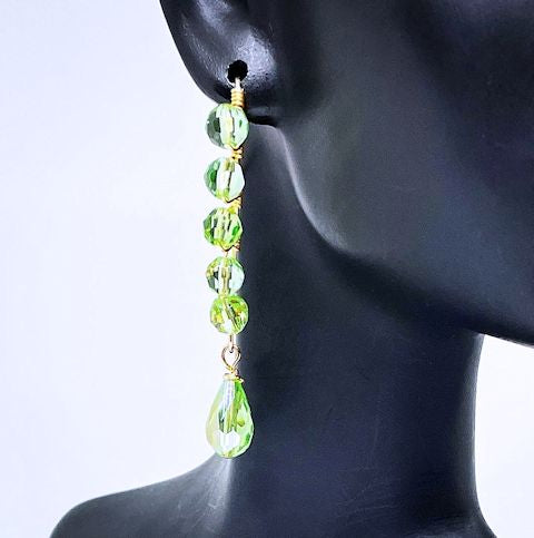 V-Shape Gold Plated Earrings with Chrysolite Czech Crystal Beads