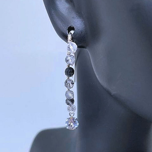 V Shape Earrings with Faceted Black Rutilated Quartz Beads