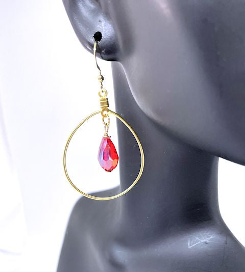 Hoop Earrings with Faceted Briolette Red/Orange Crystal