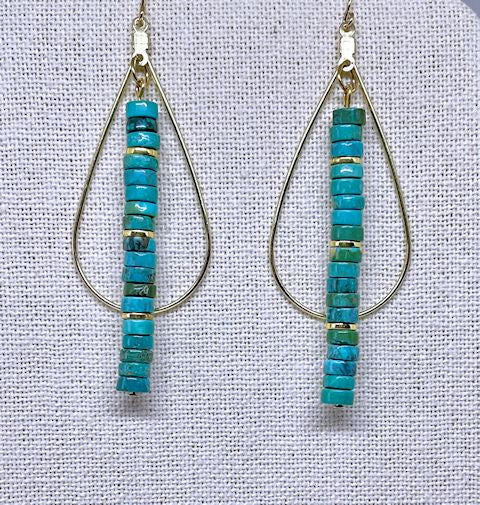 Dangling Gold Plated Earrings with Stabilized Turquoise Beads