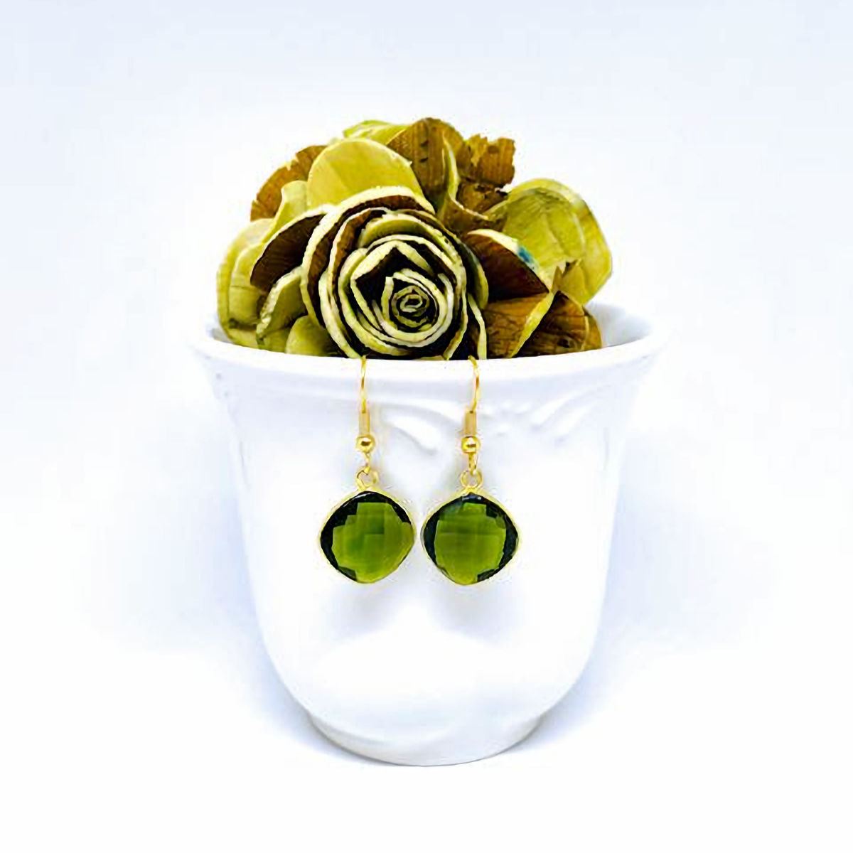 Cushion Cut Green Quartz Earrings in Bezel Setting