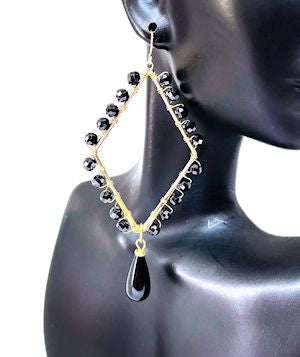 Geometric Gold-Plated Earrings with Faceted Black Onyx Beads and Drop Accent