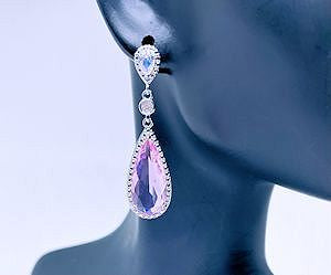 Teardrop Pink Crystal Dangle Silver Plated Earrings - 1 1/2" Length