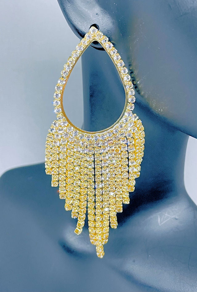 Glamour Unleashed: Gold Teardrop Tassel Rhinestone Earrings