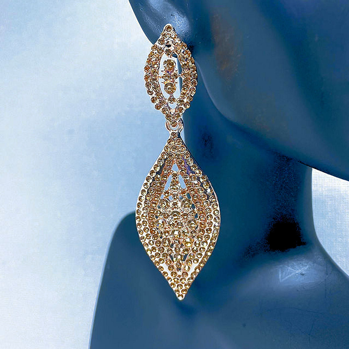 Radiant Sophistication: Dangling Rose Gold Drop Earrings with Champagne Crystals