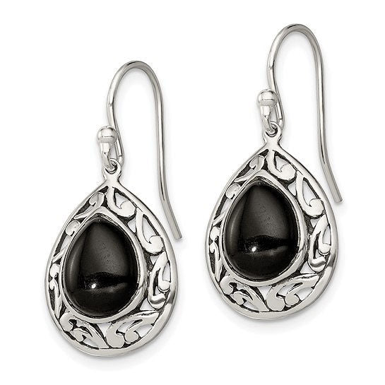 Sterling Silver Antiqued Filigree Black Onyx Teardrop Dangle Earrings