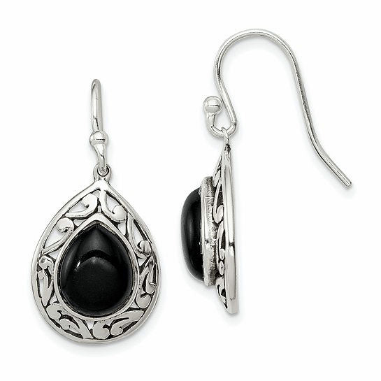 Sterling Silver Antiqued Filigree Black Onyx Teardrop Dangle Earrings