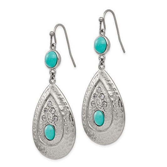 Stainless Steel Hammered Imitation Turquoise with CZ Stones Dangle Earrings