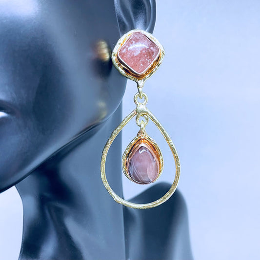 18K Gold Plated and Copper Drop Earrings with Strawberry Quartz Stones