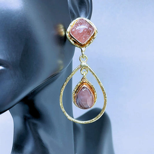 18K Gold Plated and Copper Drop Earrings with Strawberry Quartz Stones