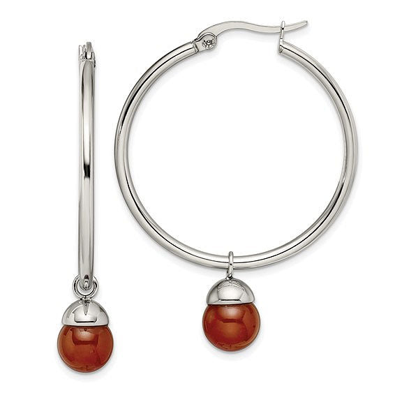 Stainless Steel Red Agate Dangle Hoop Earrings