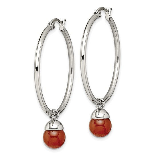 Stainless Steel Red Agate Dangle Hoop Earrings