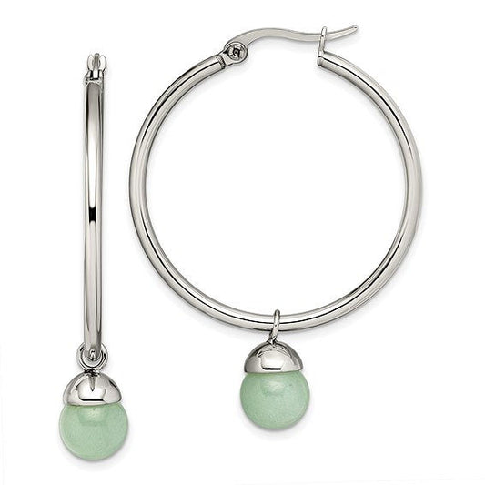 Stainless Steel Green Aventurine Dangle Hoop Earrings
