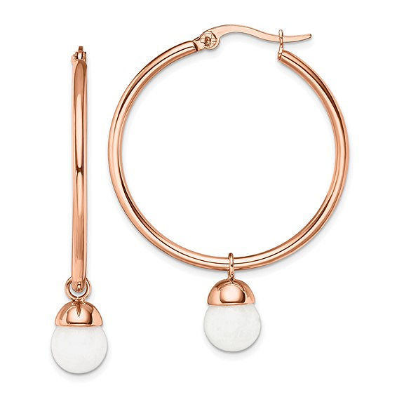 Rose IP-Plated White Jade Dangle Hoop Earrings