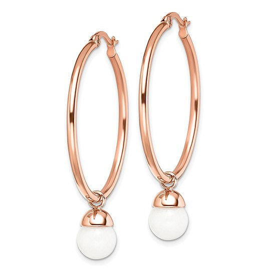 Rose IP-Plated White Jade Dangle Hoop Earrings