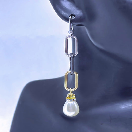 Multimetal Pearl Drop Dangle Paperclip Earrings - 3-inch Length