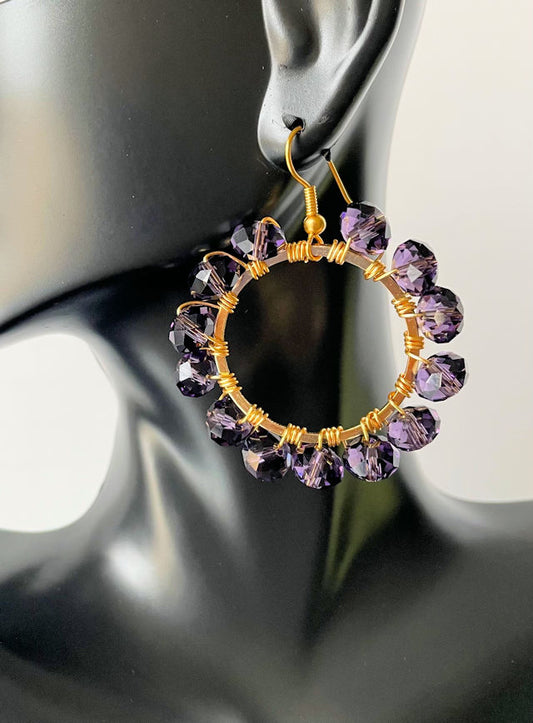 Handcrafted Wire Wrapped Hoop Earrings with Faceted Purple Beads