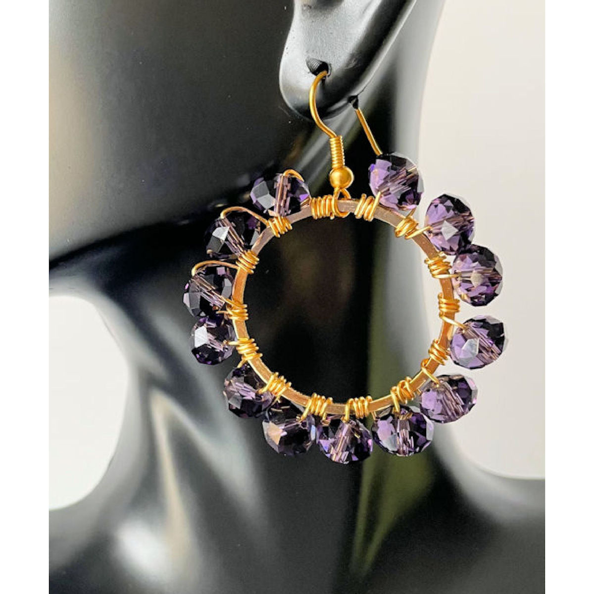 Handcrafted Wire Wrapped Hoop Earrings with Faceted Purple Beads
