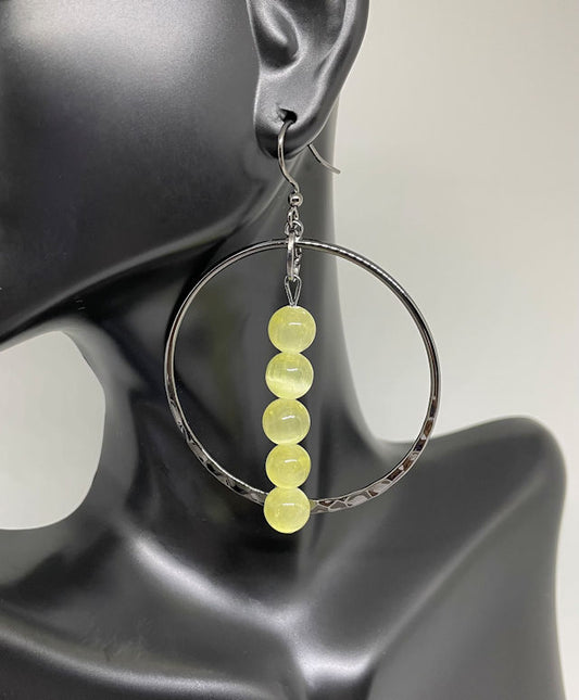 Gunmetal Hoop Earrings with Yellow Selenite Bead Accents